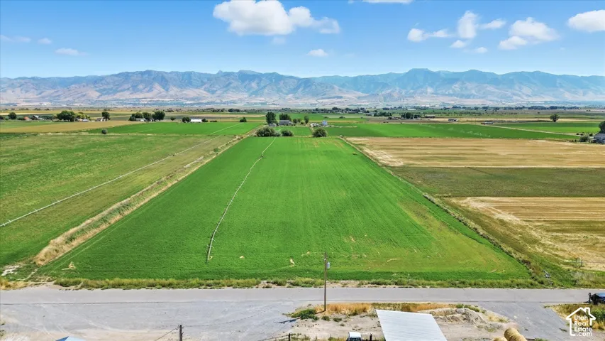 Overview of rural landscape with mountains and abundant farmland