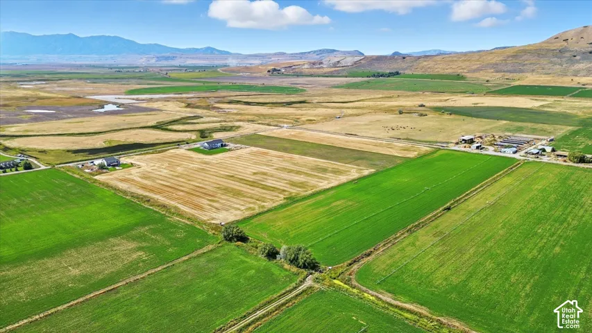 Overview of rural landscape with a mountainous background and abundant farmland