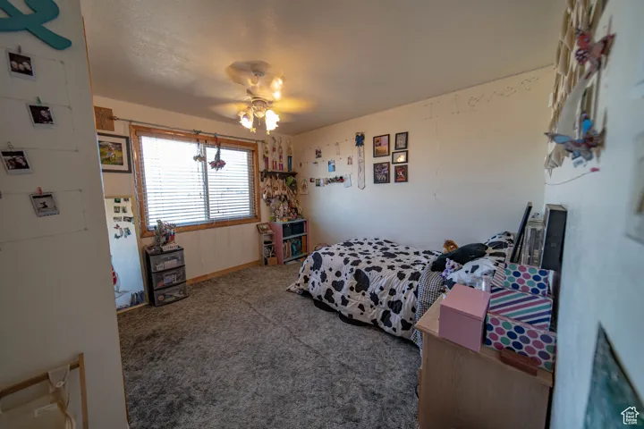 Bedroom featuring carpet and a ceiling fan