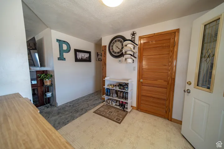Entryway featuring a textured ceiling and carpet
