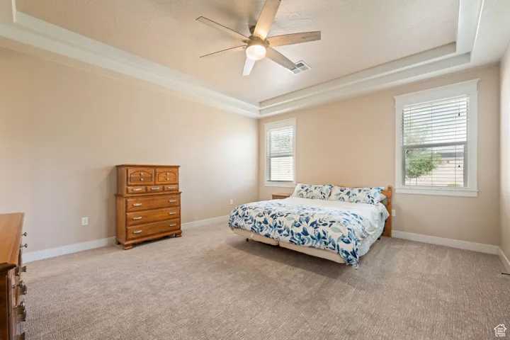 Bedroom featuring a tray ceiling, light colored carpet, and a ceiling fan