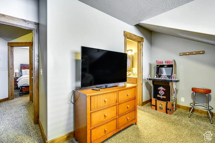 Living area featuring light carpet, vaulted ceiling, and a textured ceiling