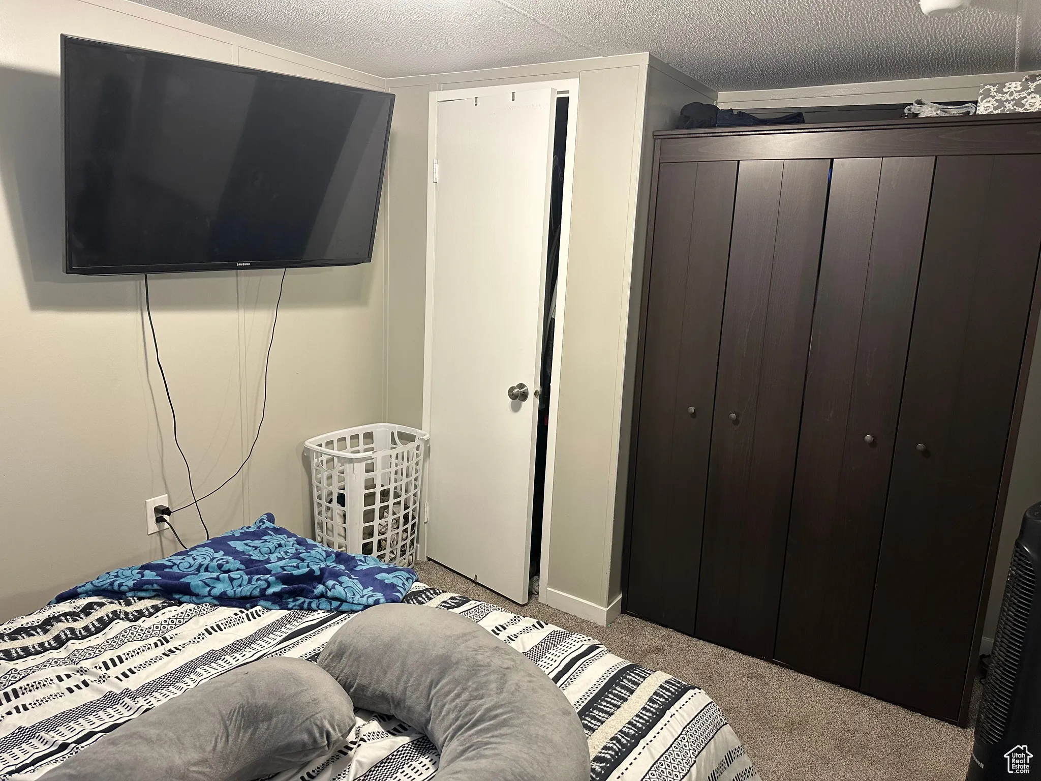 Bedroom featuring light carpet, a closet, and a textured ceiling