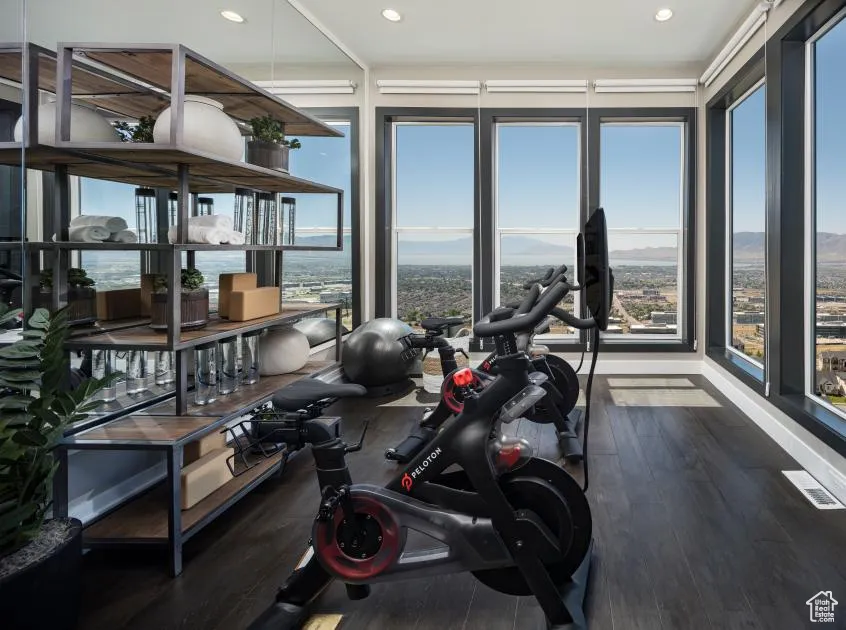 Exercise room with dark wood-style floors, recessed lighting, a wall of windows, and a mountain view