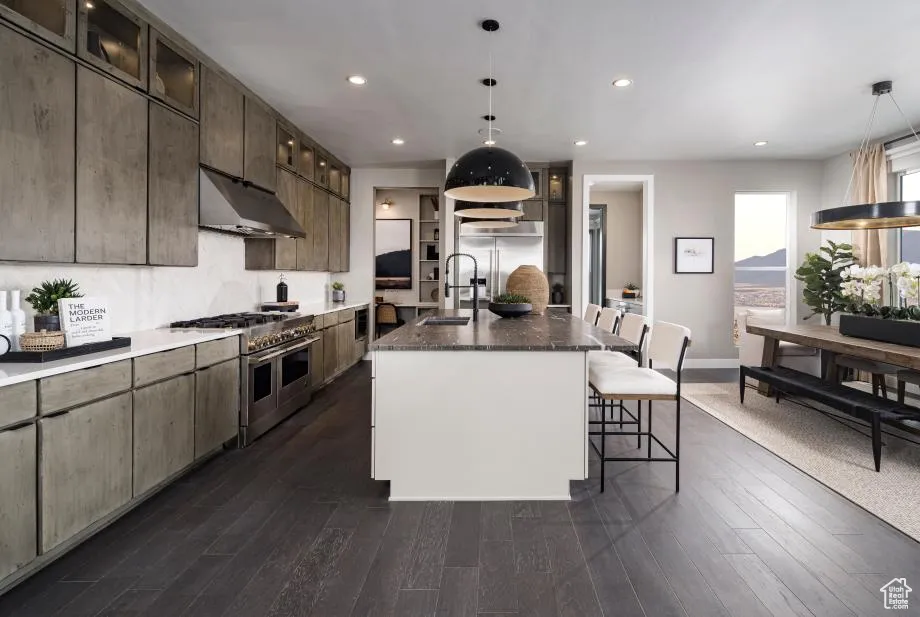 Kitchen featuring recessed lighting, premium appliances, under cabinet range hood, a breakfast bar area, and a center island with sink