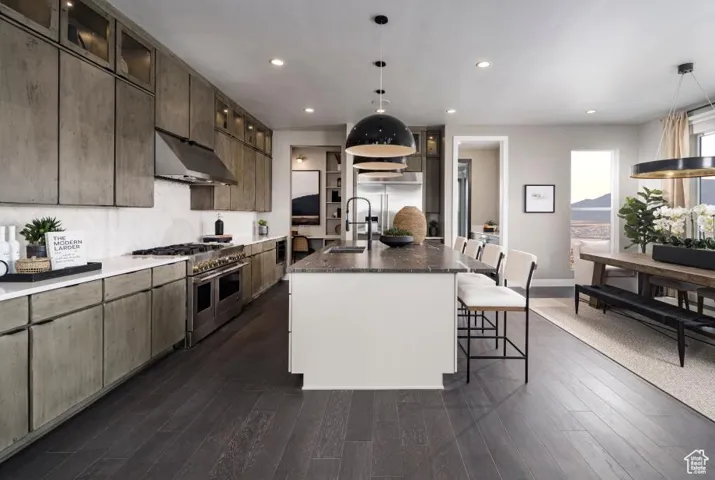 Kitchen featuring recessed lighting, premium appliances, under cabinet range hood, a breakfast bar area, and a center island with sink