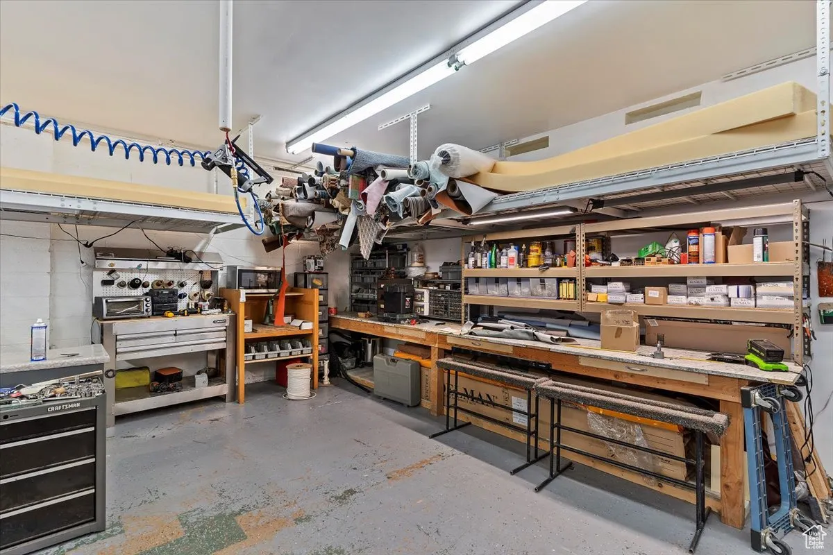 Garage with a workshop area