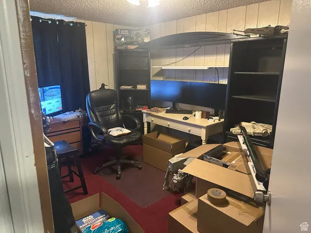 Carpeted home office with a textured ceiling and wood walls