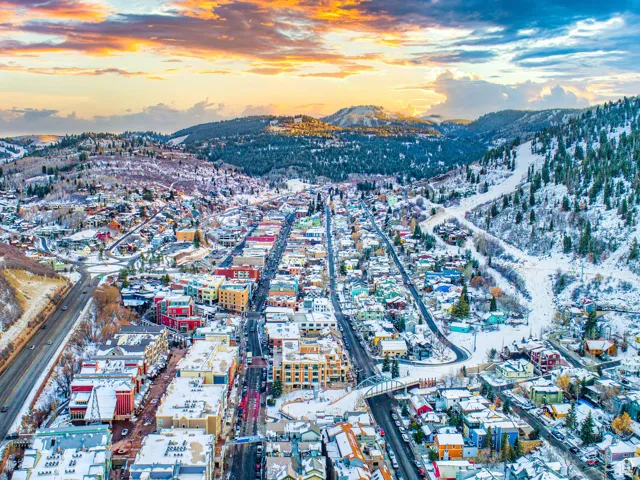 Aerial view at dusk of a mountain view