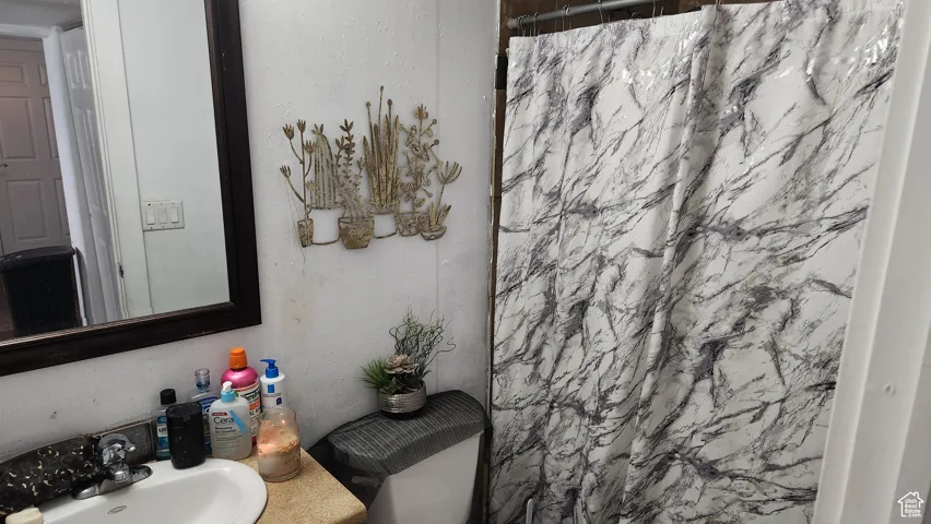 Lowest Level Full bath featuring curtained shower, vanity, and a textured wall
