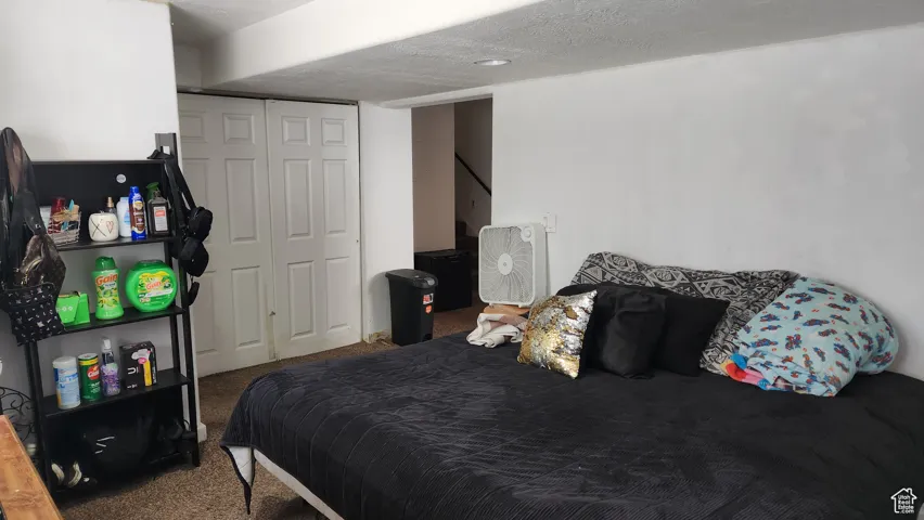 Carpeted bedroom featuring a textured ceiling and a closet.  Basement large room currently used as bedroom.