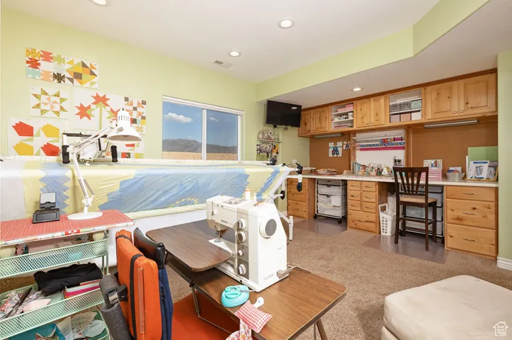 Office with light colored carpet and recessed lighting