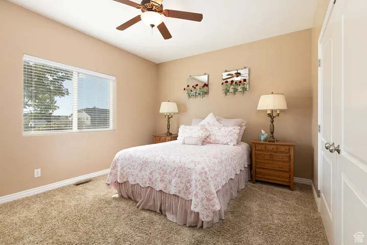 Carpeted bedroom featuring a closet and a ceiling fan