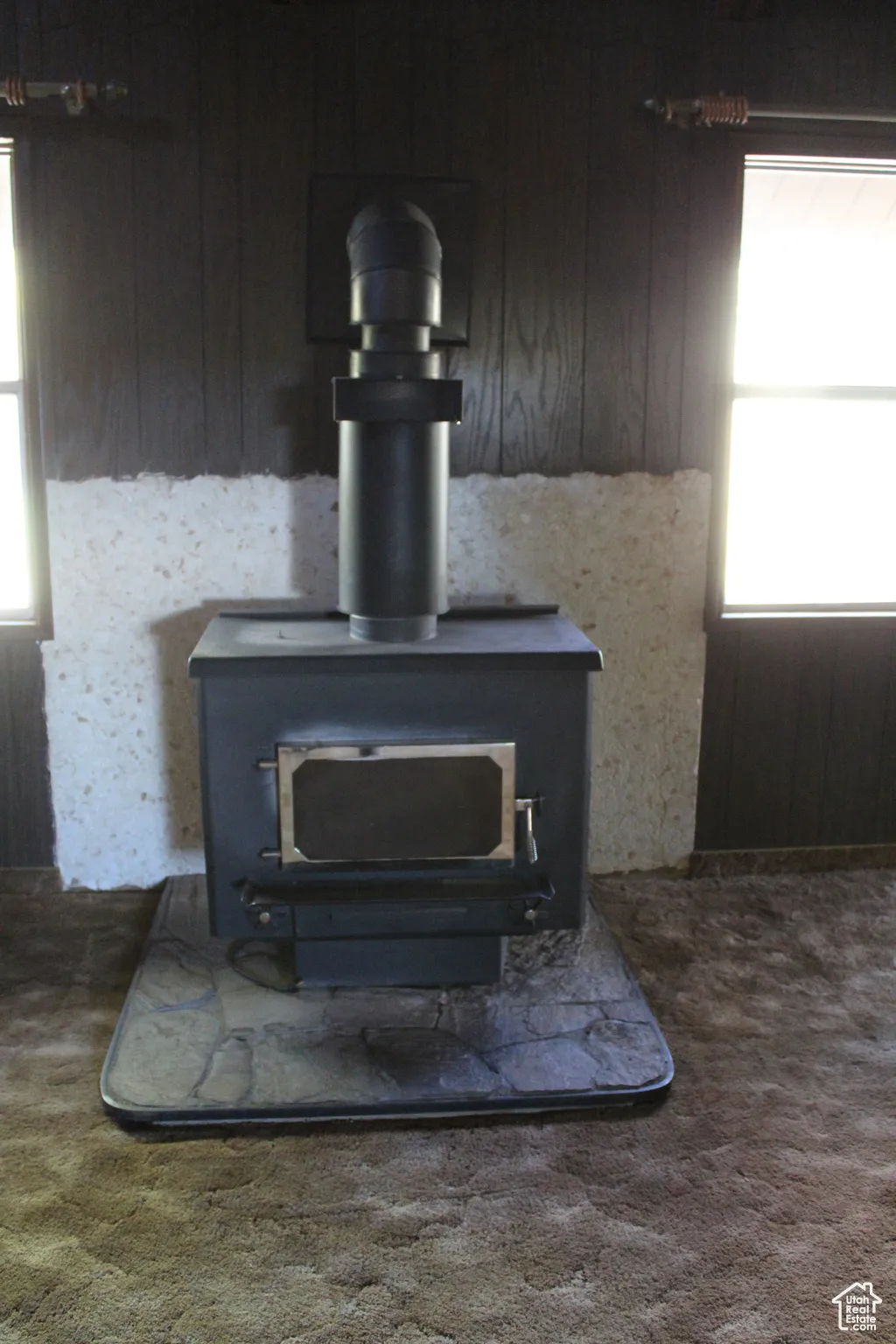 Detailed view of a wood stove and carpet