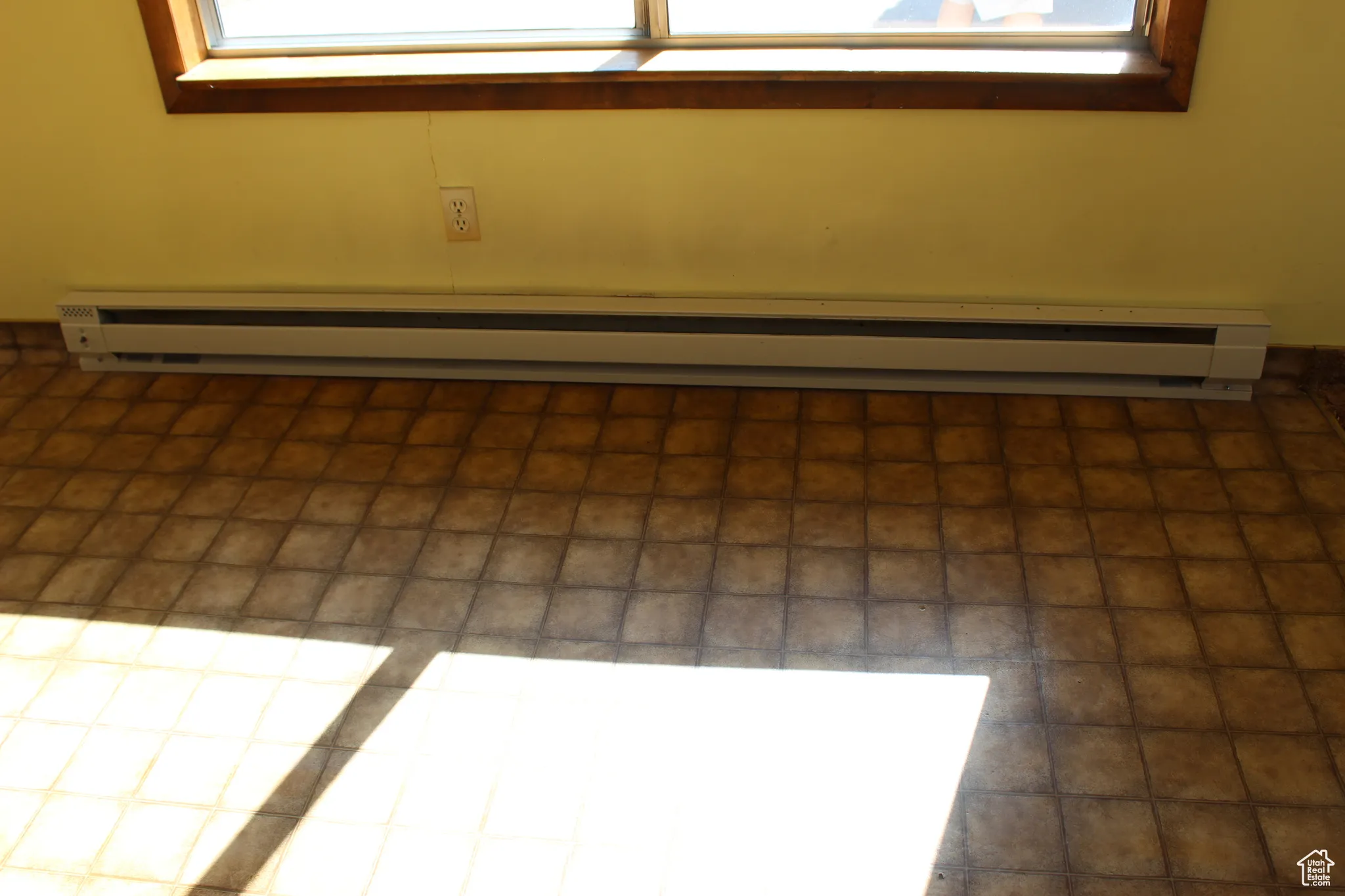 Detailed view of baseboard heating and a skylight