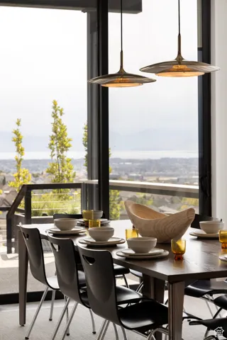 Dining area with carpet flooring