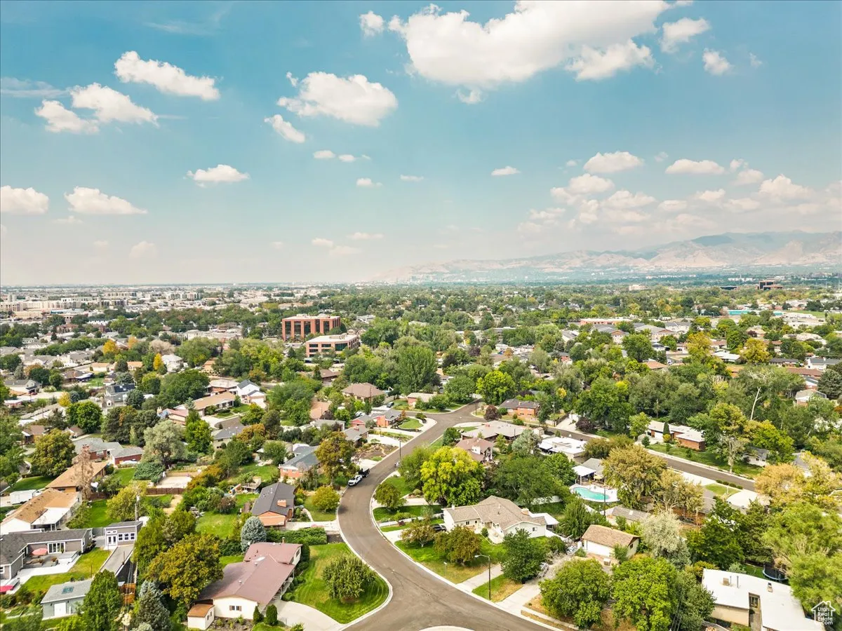 Aerial perspective of suburban area featuring mountains
