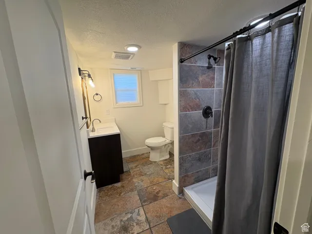 Bathroom featuring vanity, a textured ceiling, a stall shower, and dark stone finish floors
