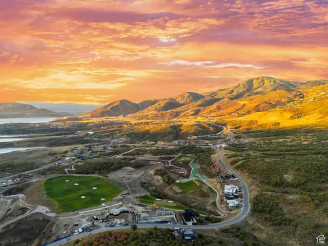 Aerial view at dusk of a water and mountain view