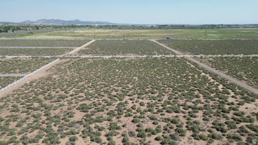 Overview of rural landscape featuring a mountain backdrop
