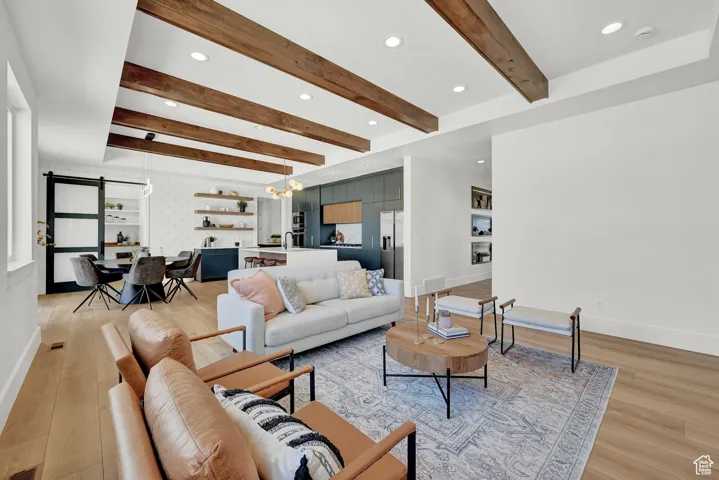 Open concept living with option for beautiful ceiling beam treatment