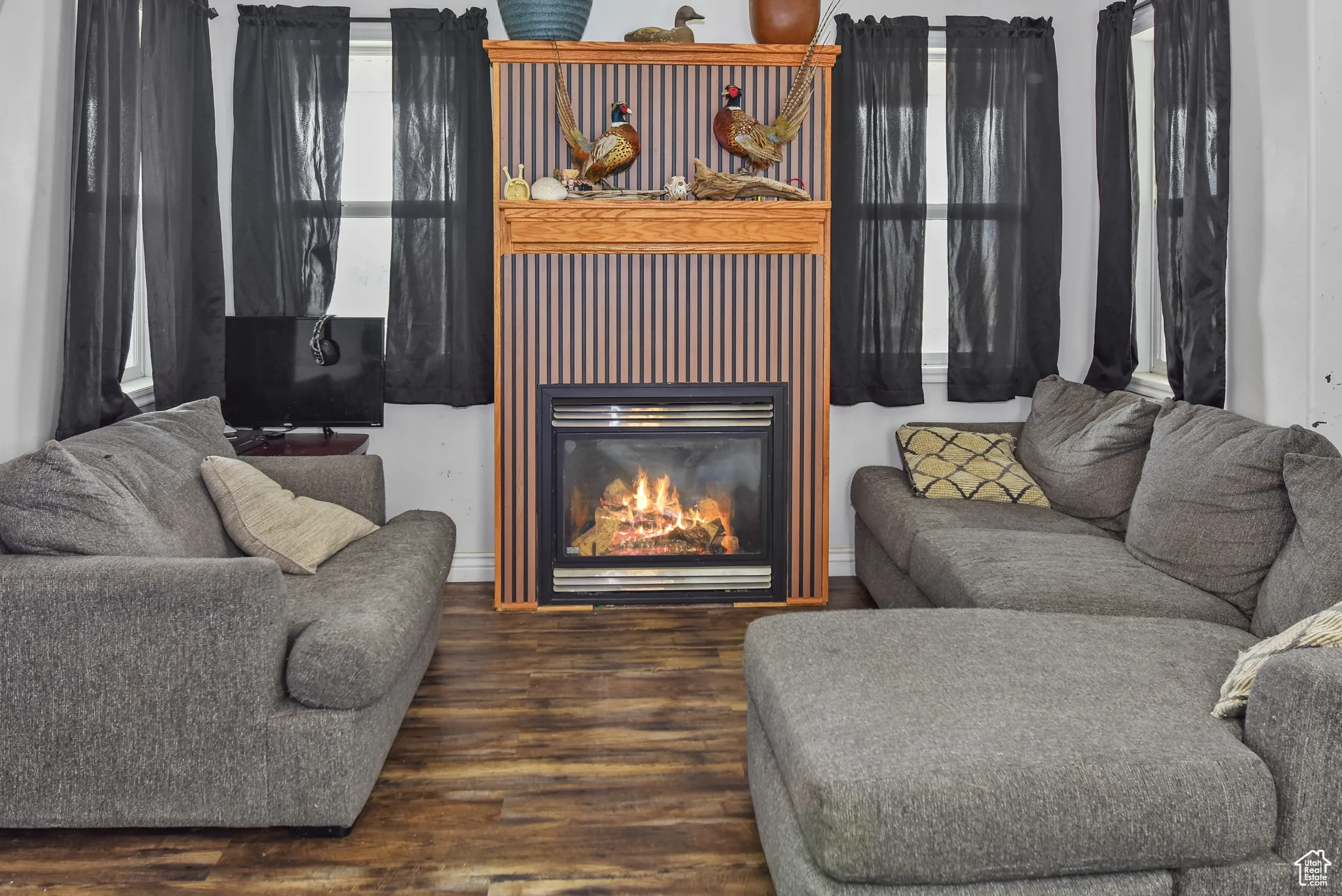 Living area featuring wood finished floors and a glass covered fireplace