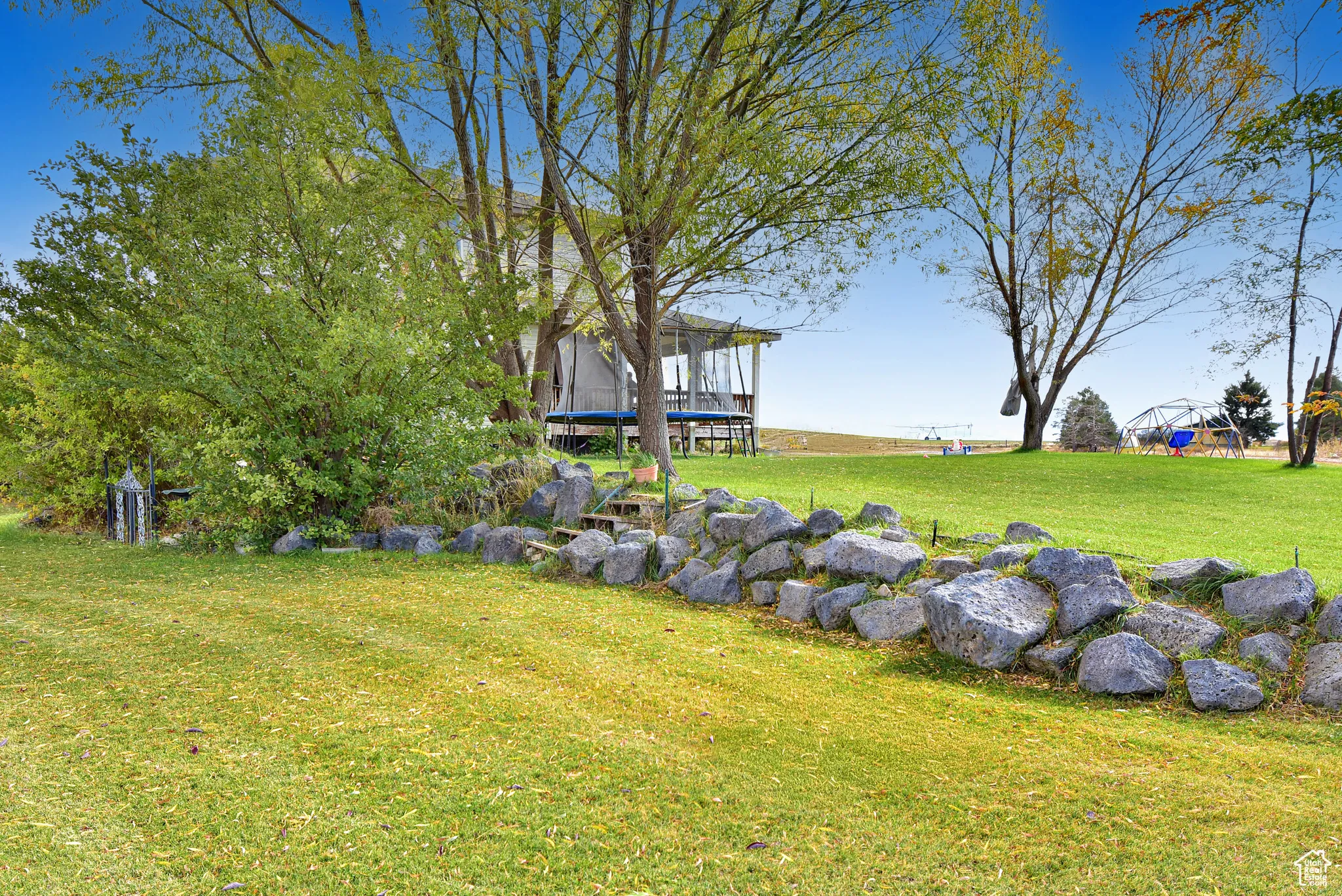View of grassy yard with a trampoline