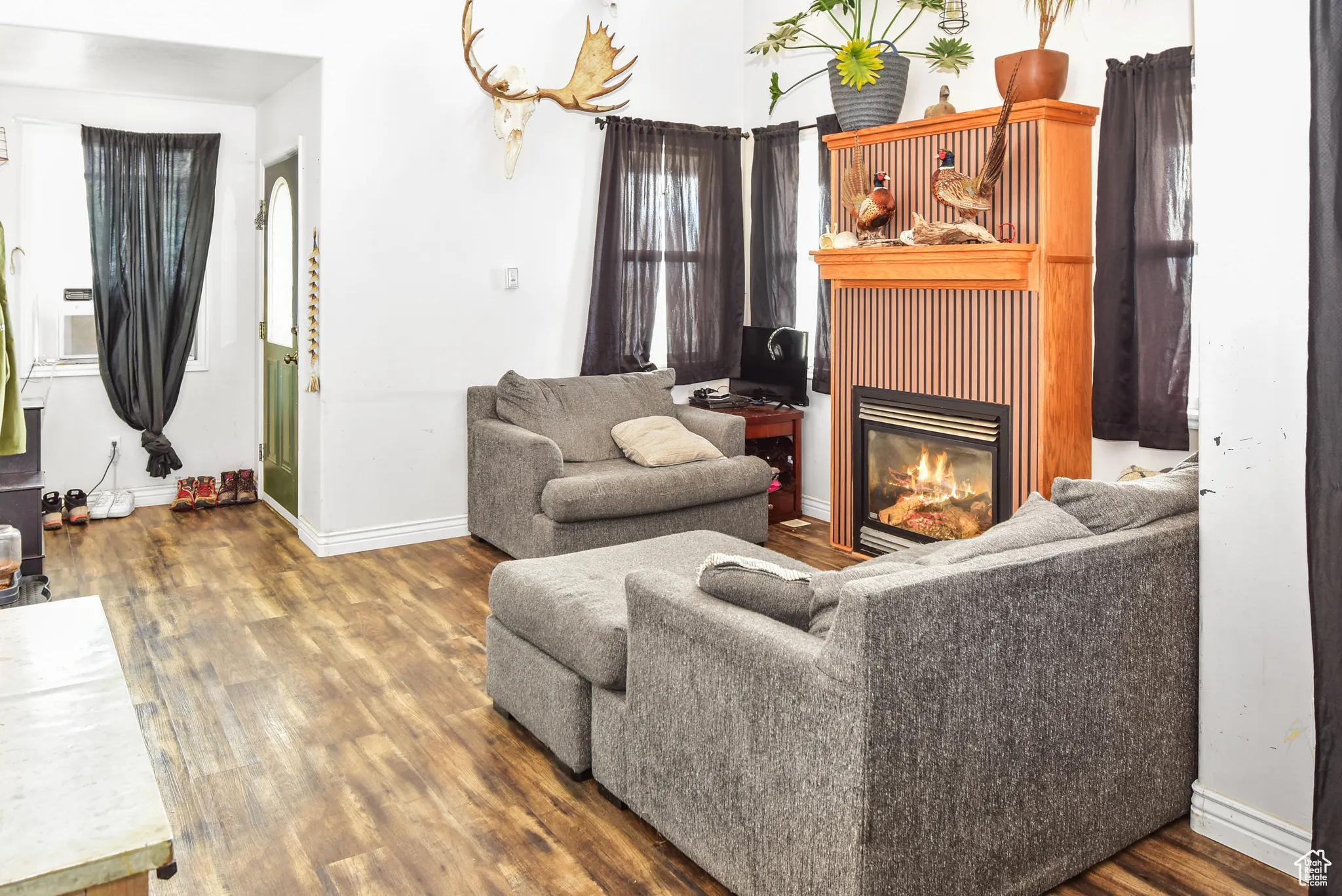 Living area with a glass covered fireplace and dark wood-style floors