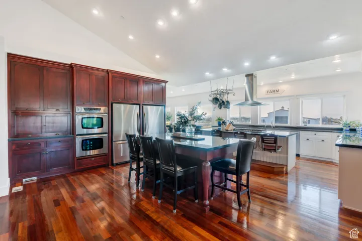 Kitchen featuring stainless steel appliances, a kitchen breakfast bar, recessed lighting, dark wood-style flooring, and island range hood