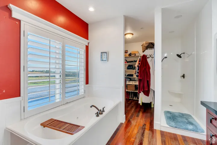 Bathroom featuring a shower stall, a garden tub, a walk in closet, and dark wood-style flooring