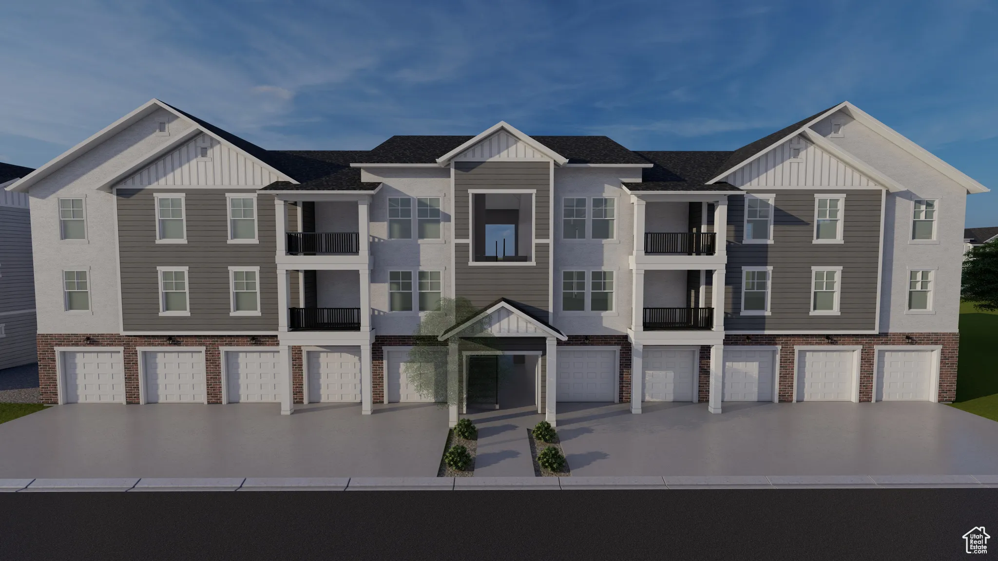 View of front of home with board and batten siding, a residential view, and brick siding