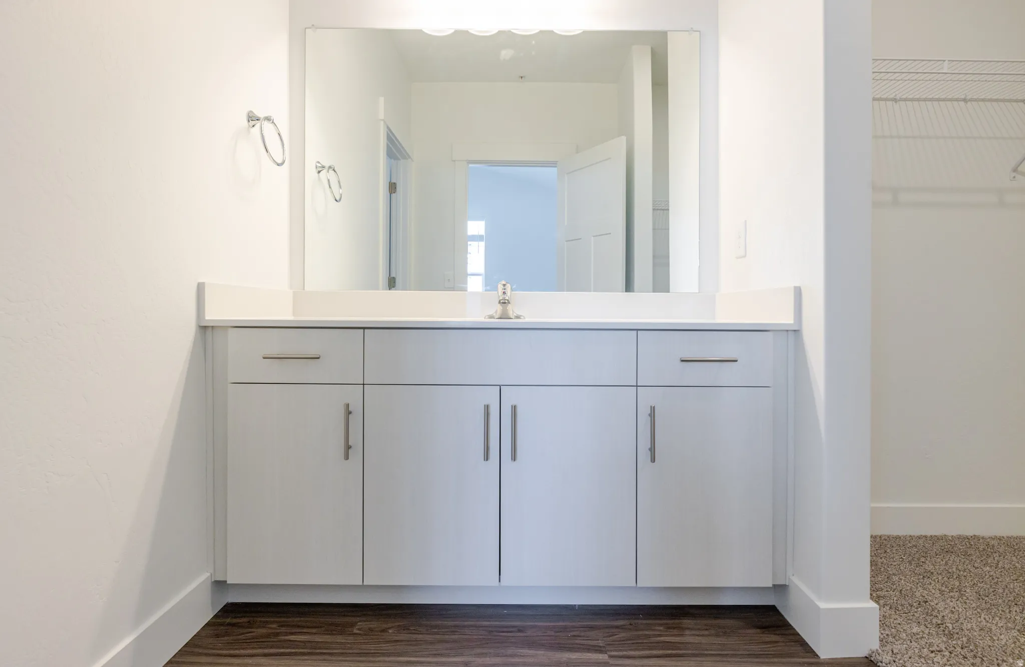 Bathroom with vanity, a walk in closet, and dark wood-style floors