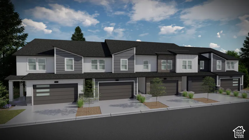 View of front of home with driveway, an attached garage, a shingled roof, and a residential view