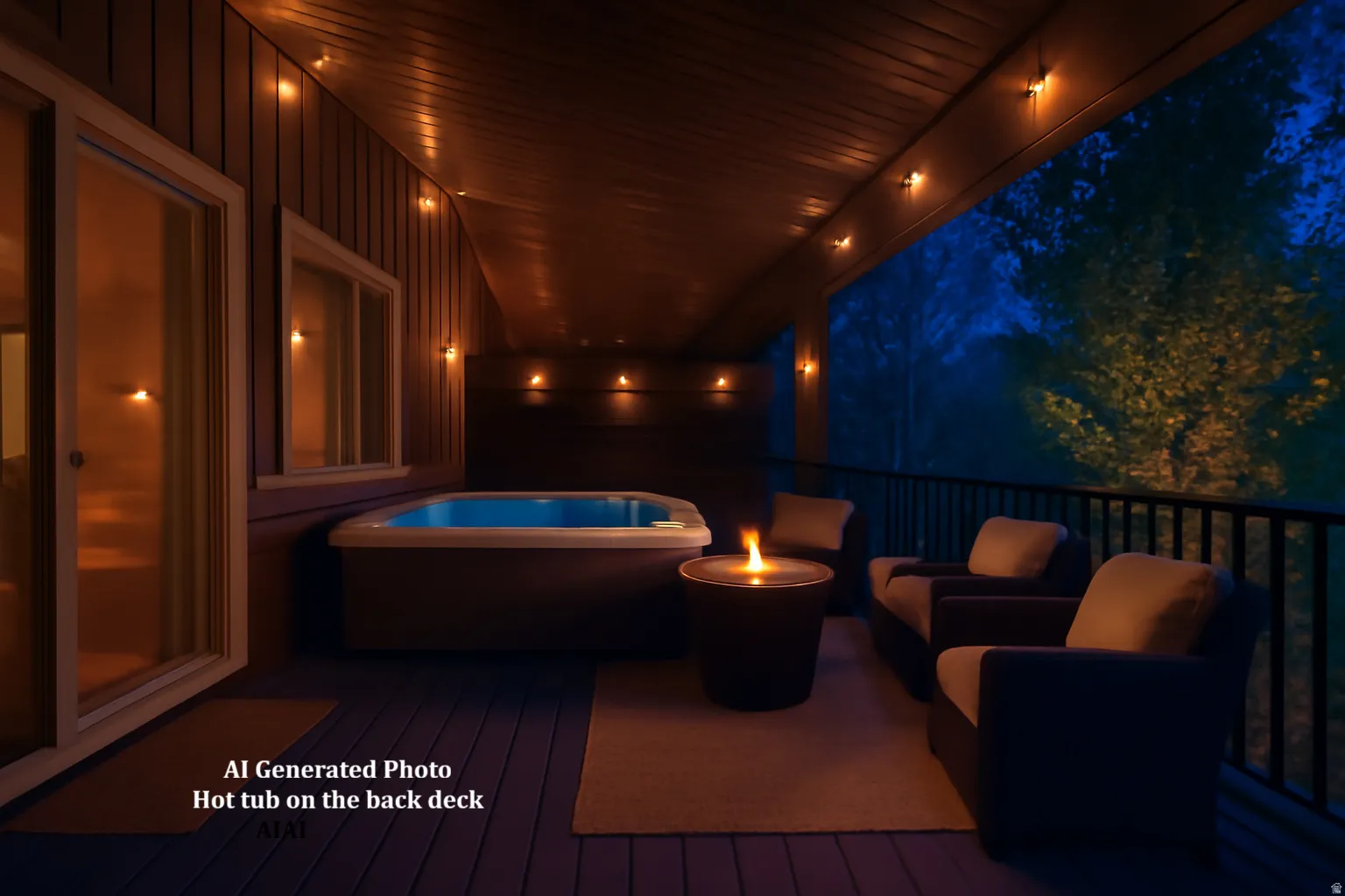 Back Deck at night featuring an outdoor hot tub (Deck is wired and engineered for a hot tub)