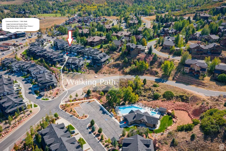 Aerial overview of property's location, common area w pool and nearby commercial area with restaurants, fitness studios, coffee shop, large grocery store, hardware store, etc