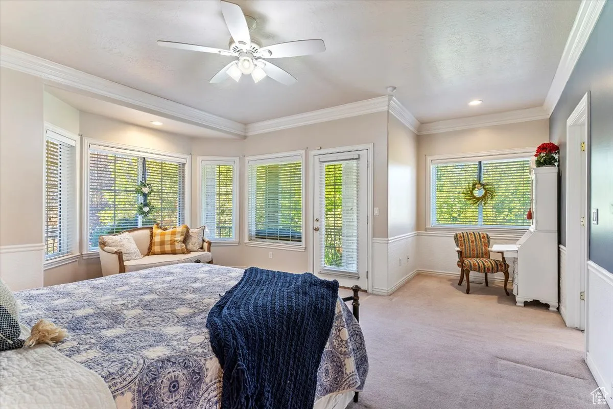 Carpeted bedroom with ornamental molding, access to exterior, ceiling fan, a textured ceiling, and wainscoting
