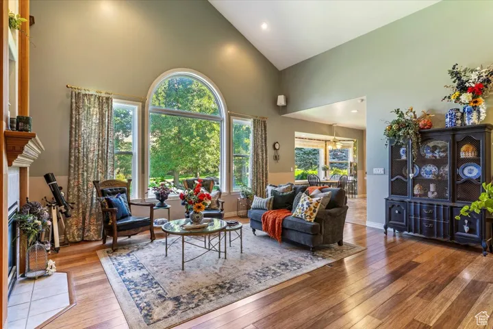 Living room featuring high vaulted ceiling, a fireplace, hardwood / wood-style flooring, and recessed lighting