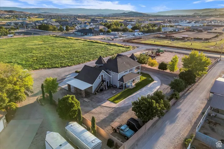 Aerial view of residential area featuring mountains