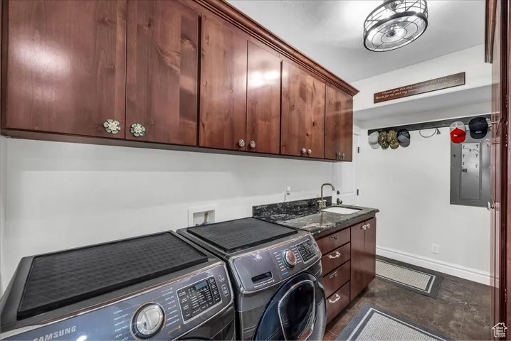 Laundry area featuring cabinet space, electric panel, and separate washer and dryer