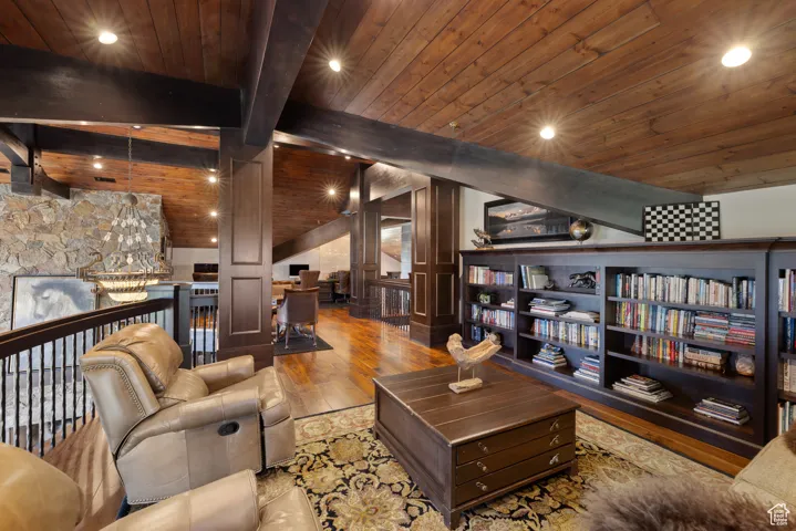 Living room featuring wood ceiling, wood finished floors, and recessed lighting