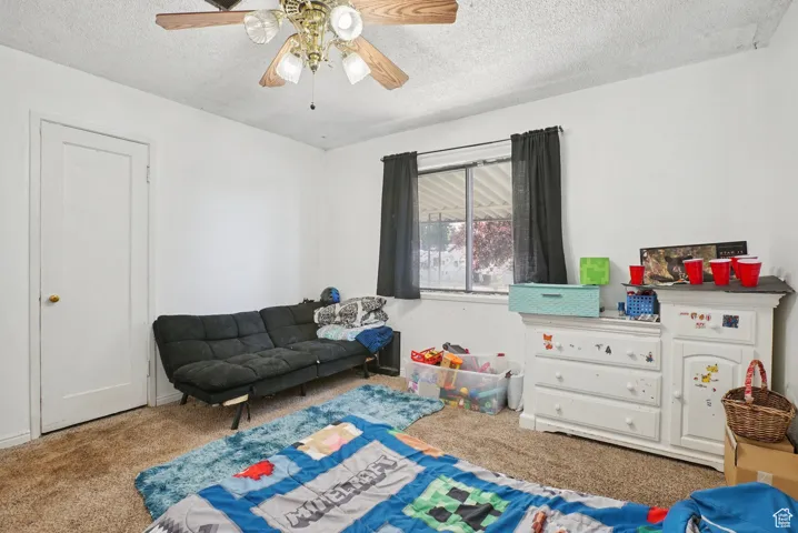 Rec room with carpet, a textured ceiling, and a ceiling fan