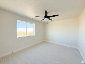 Empty room featuring light colored carpet, a ceiling fan, and a textured ceiling