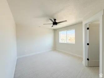Unfurnished room featuring light colored carpet, a textured ceiling, and a ceiling fan