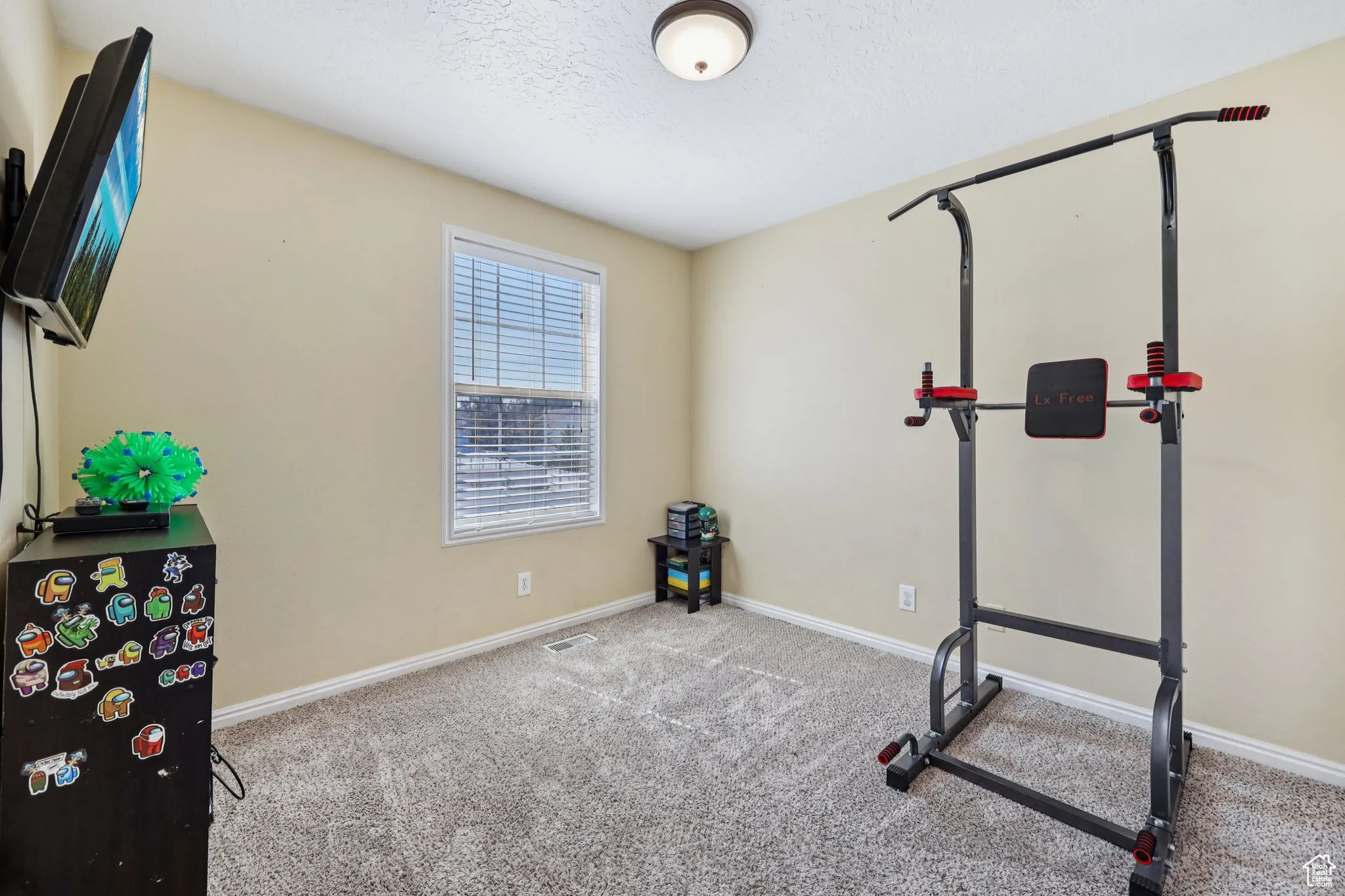 Exercise room featuring a textured ceiling and carpet
