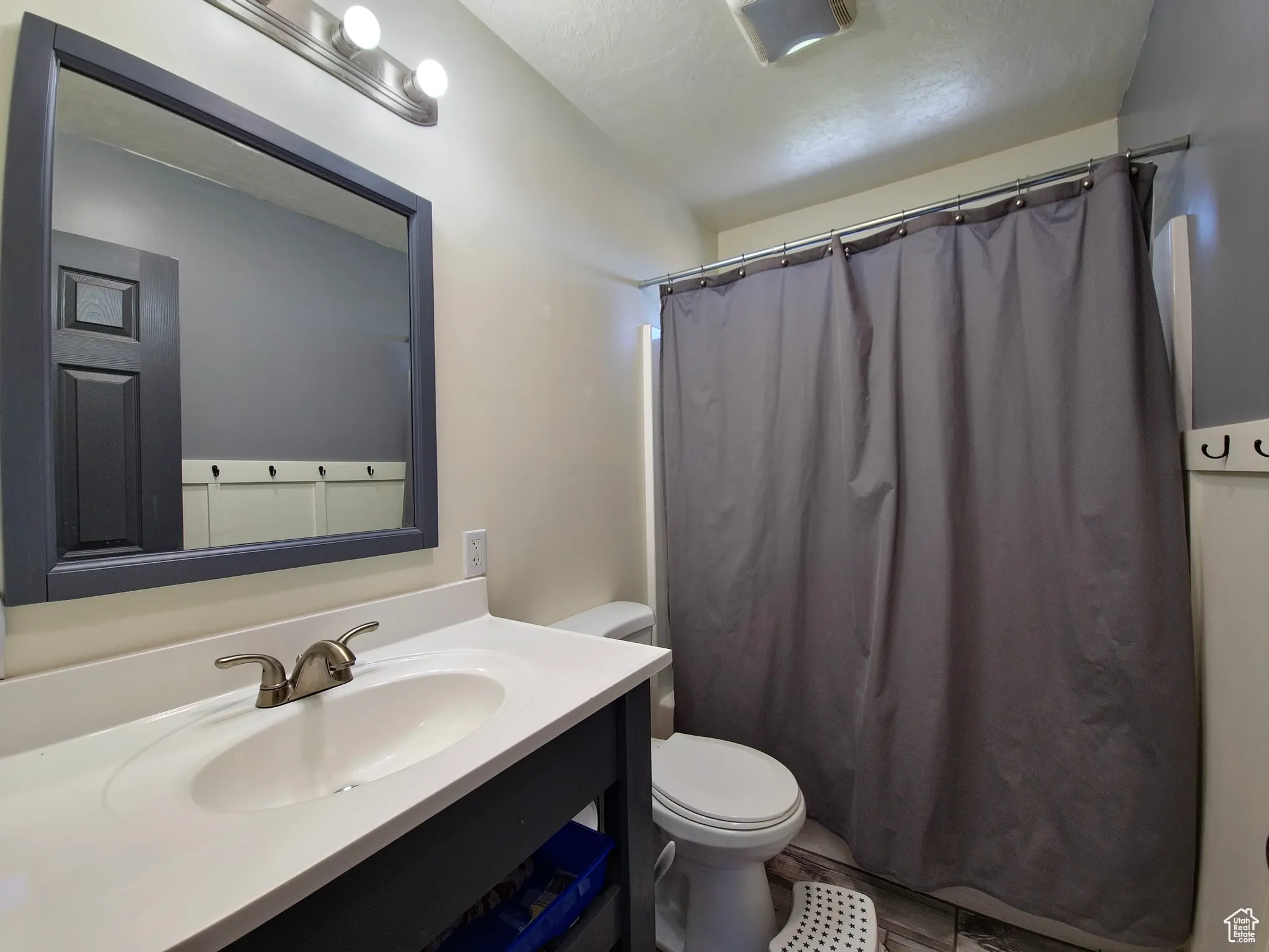 Bathroom featuring vanity and a shower with curtain