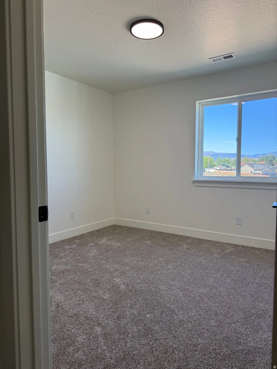 Plush carpet flooring, bright white walls, and a large window providing natural light