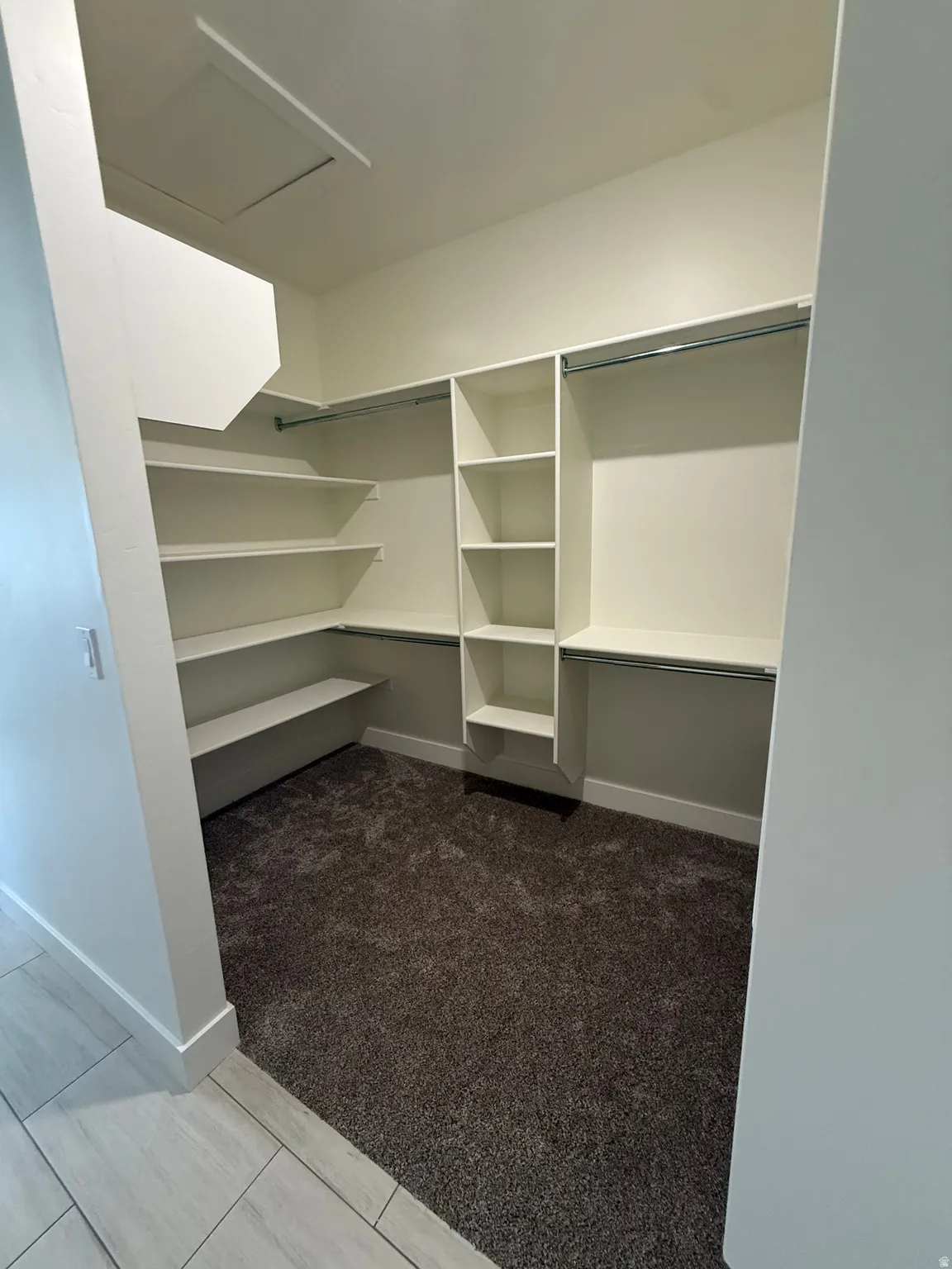 Walk-in closet featuring built-in shelving, hanging rods, and carpet flooring