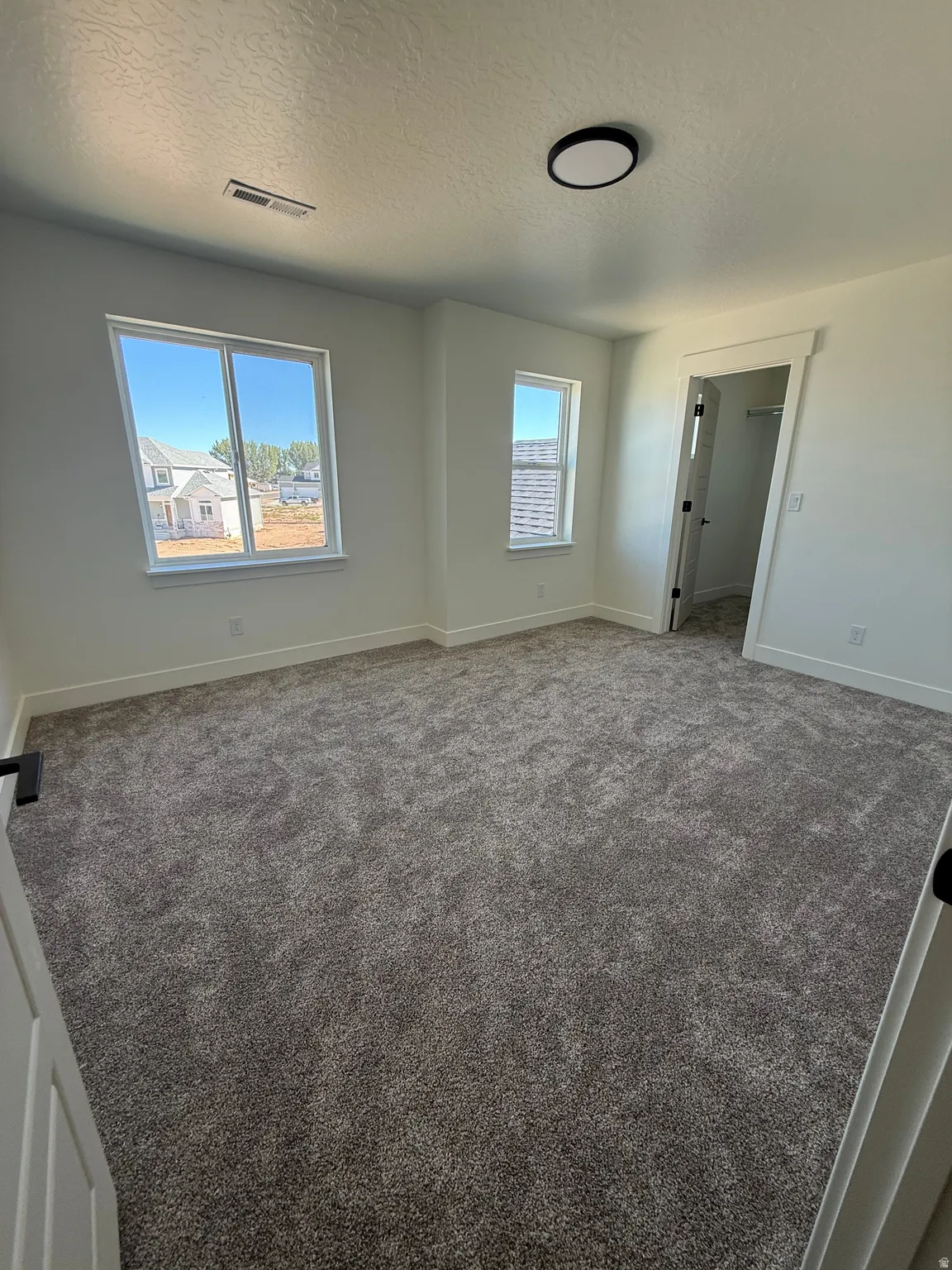 Plush gray carpeting, bright white walls, two distinct windows, and a modern ceiling light fixture