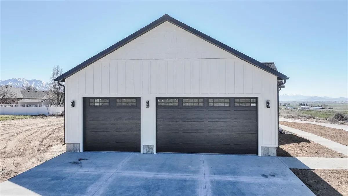 Detached garage with a mountain view