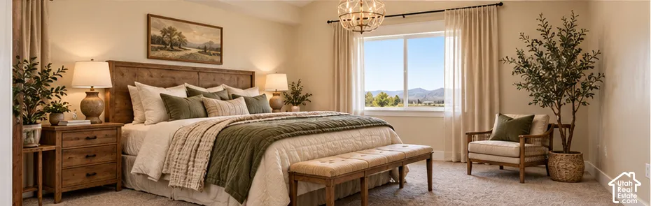 Carpeted room with a large window,